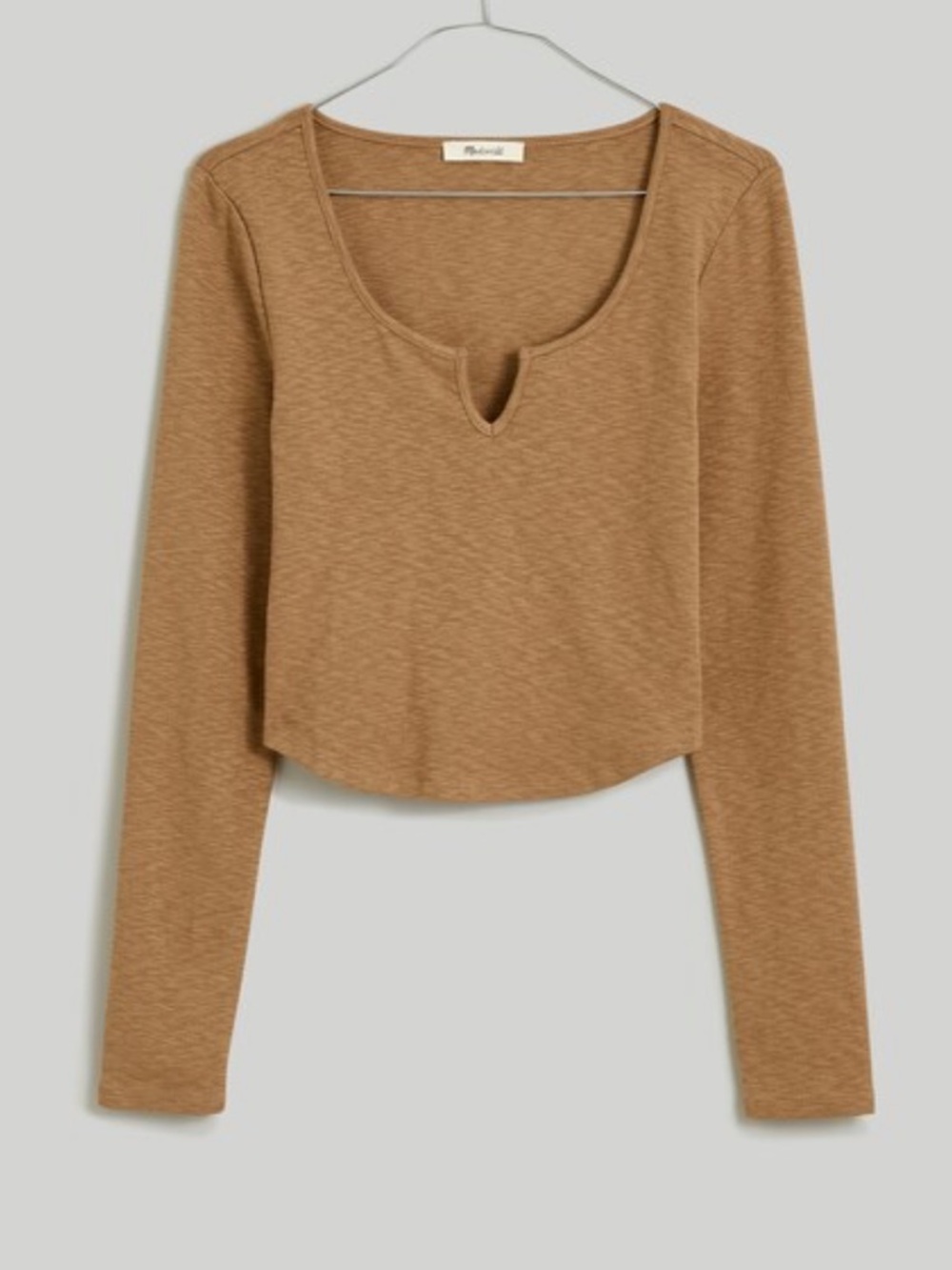 Madewell Split Neck Long Sleeve Tee Faded Birch Brown XS Cropped